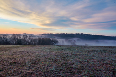 Misty morning in the meadow. Early morning in the countryside.の写真素材