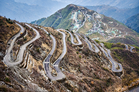 Winding road in Himalayas, Annapurna Circuit, Nepalの写真素材
