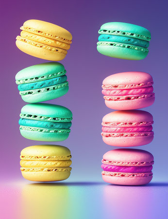 Colorful macaroons on a colorful background. 3d renderingの素材