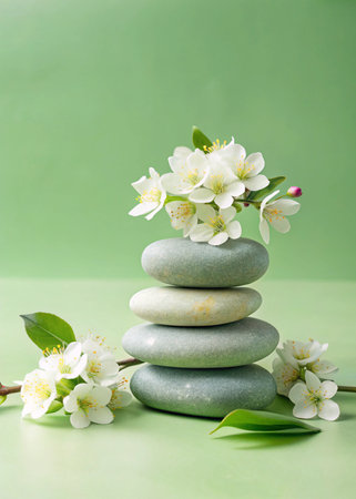 Spa stones with flowers on green background. Zen conceptの写真素材