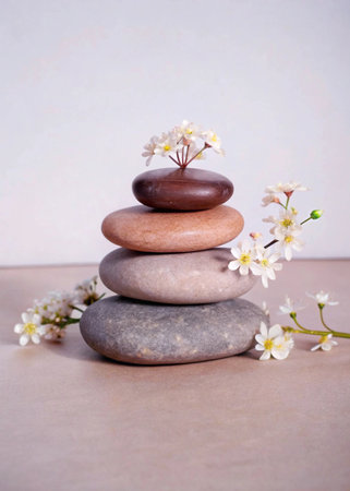 Stack of zen stones with white flowers on a beige background