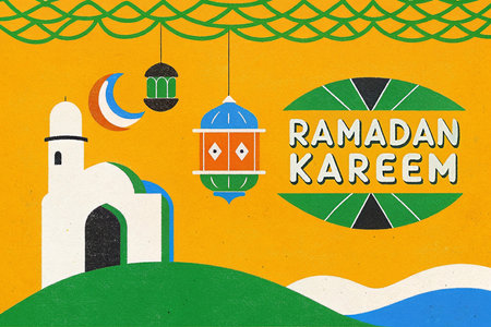 Ramadan Kareem greeting card with mosque, lanterns and moonの写真素材