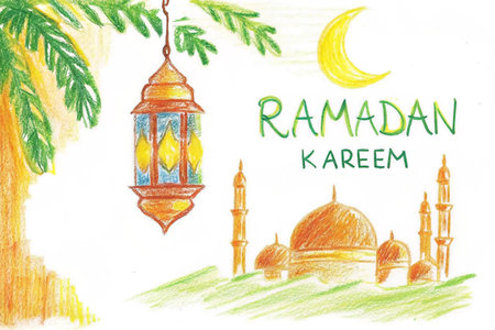 Ramadan Kareem greeting card with mosque, lantern and crescent.の写真素材