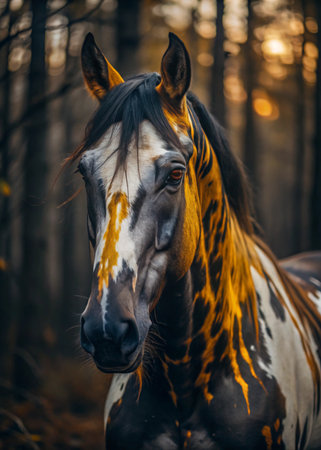 Portrait of a horse in the autumn forest at sunset. Portrait of a horseの写真素材