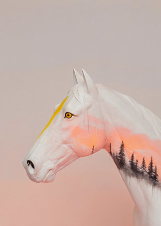 White horse with a red forest on a white background. Artworkの写真素材