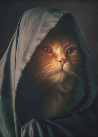Portrait of a red cat in a hood on a dark backgroundの写真素材