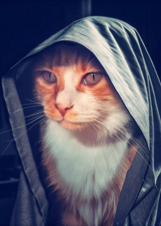 Cute ginger cat in a hood. Retro style toned picture.