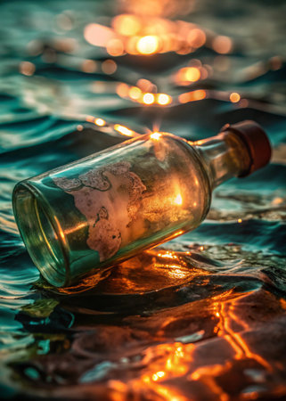 Message in a bottle on the water with a reflection of the sunの写真素材
