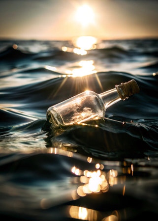 Message in a bottle floating on the sea at sunset. Conceptual imageの写真素材