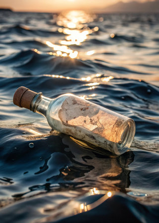 Message in a bottle on the water at sunset. Conceptual image.の写真素材