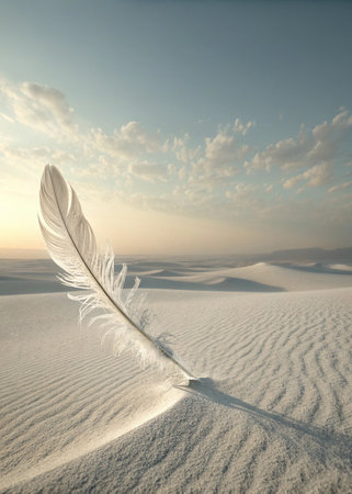 White feather on the sand in the desert. 3d illustration.の写真素材