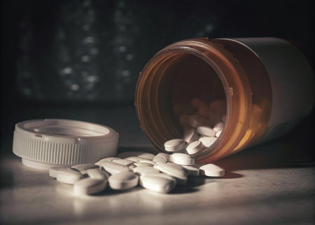 Pills spilling out of pill bottle on table. Focus on foreground, soft bokeh.