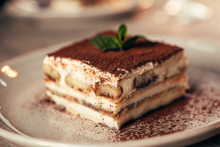 Tiramisu cake on a white plate. Toned.の写真素材