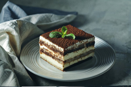 Tiramisu cake on a white plate on a gray background