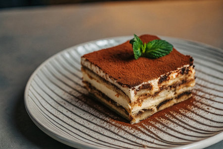 Tiramisu cake on a white plate on a wooden tableの写真素材