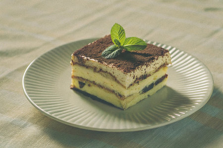 Tiramisu cake with mint on a plate. Toned.の写真素材