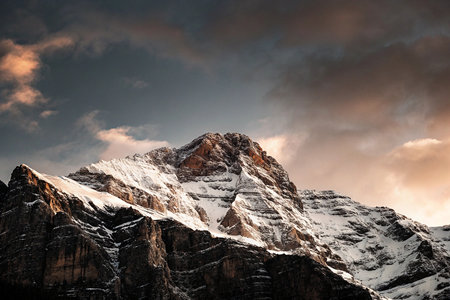 Snowy mountains in the Italian Dolomites at sunset, Italyの写真素材