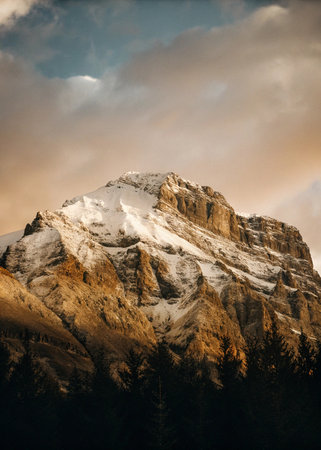Sunset in Dolomites mountains, Italy. Beautiful winter landscapeの写真素材