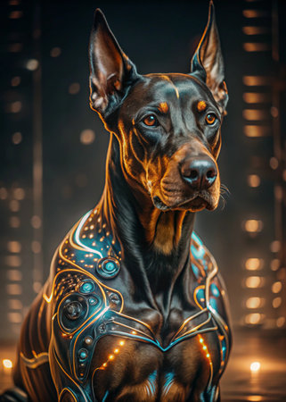 Portrait of a beautiful black Doberman dog.の写真素材