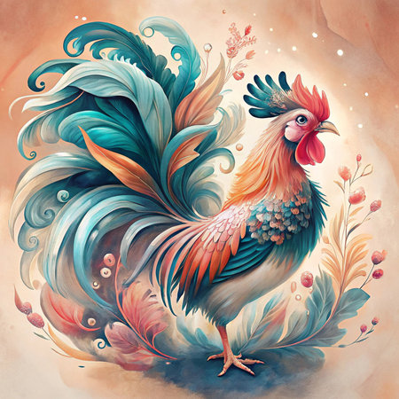 Beautiful rooster in the style of Chinese painting. Colorful roosterの写真素材