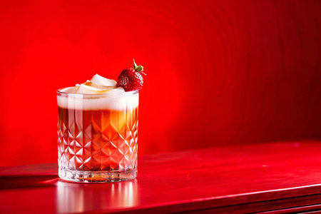 Alcoholic cocktail with cream and strawberries on a red background.