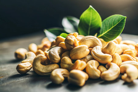 Roasted cashew nuts with green leaves on dark background. Healthy food concept.