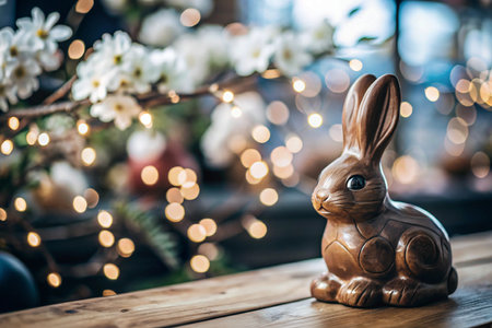 Easter decoration with wooden bunny figurine and blurred lights on backgroundの写真素材