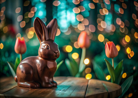 Easter bunny and tulips on wooden table with bokeh background.の写真素材