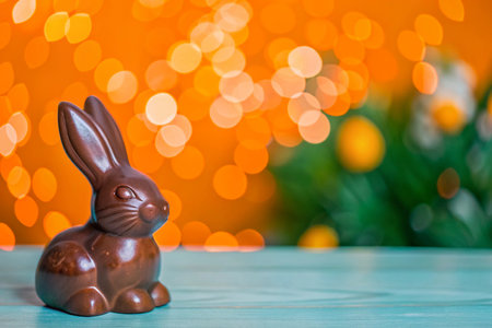 Chocolate Easter bunny on wooden table with bokeh background.
