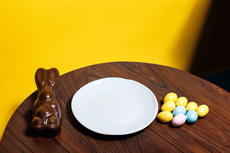 Easter eggs and chocolate bunny on a wooden table on a yellow backgroundの写真素材