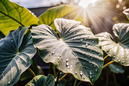 Rain drops on the leaves of giant taro (Colocasia esculenta)