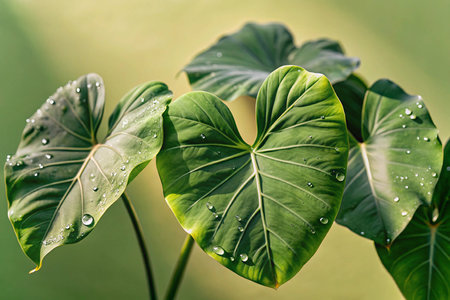 Tropical leaves of Alocasia gigantea with water dropsの写真素材