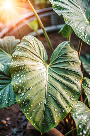 Green leaf with water droplets in the morning light. Nature backgroundの写真素材
