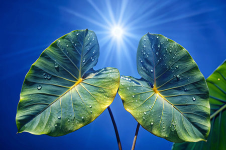 Tropical green leaf with sun light and blue sky background.