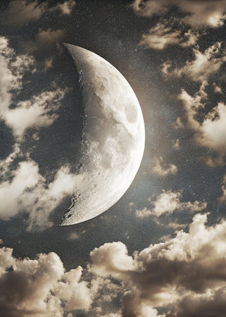 The moon in the night sky in clouds 3D illustration. Elements of this image furnished by NASAの写真素材