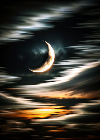 The moon in the night sky in clouds.の写真素材
