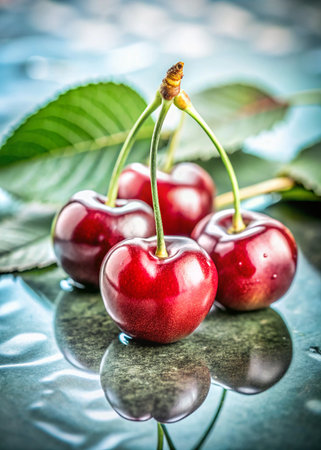 Fresh cherries on a reflective surface. Selective focus. Toned.の写真素材