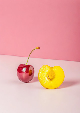 Sweet cherry and half of cherry on pink background. Minimal food concept.の写真素材