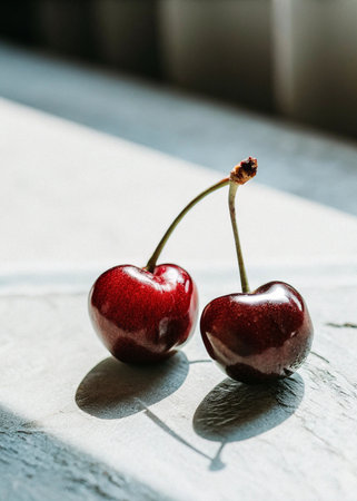 Cherries on a white wooden table. Selective focus.の写真素材