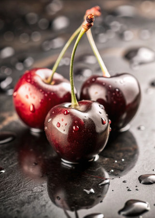 Cherries with water drops on a dark background. Selective focus.の写真素材