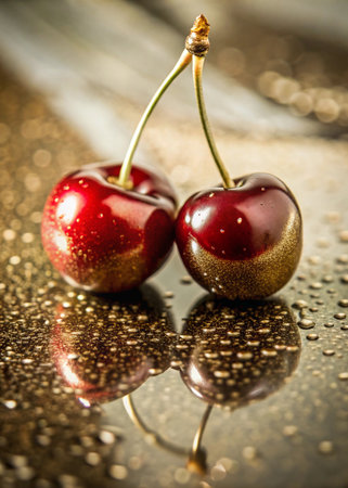 Cherries with water drops on a shiny background. Close-up.の写真素材