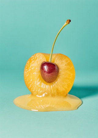 Yellow cherry in syrup on turquoise background. Minimal conceptの写真素材