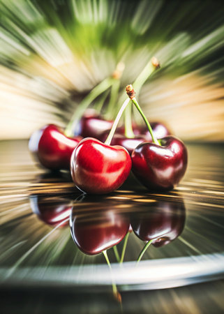 Cherries on a black reflective surface. Shallow depth of field.の写真素材