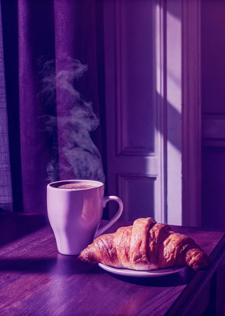 Cup of coffee and croissants on a wooden table in the roomの写真素材