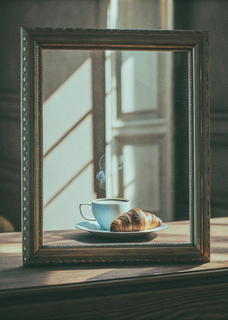 Cup of coffee and croissant on wooden table in vintage styleの写真素材