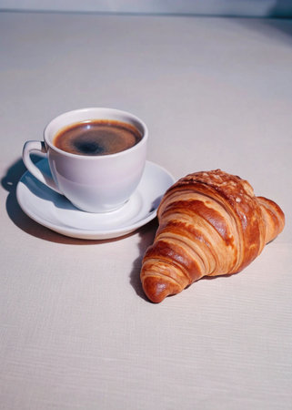 A cup of coffee and a croissant on the table.
