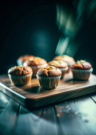 delicious muffins with pistachios on a wooden table.の写真素材