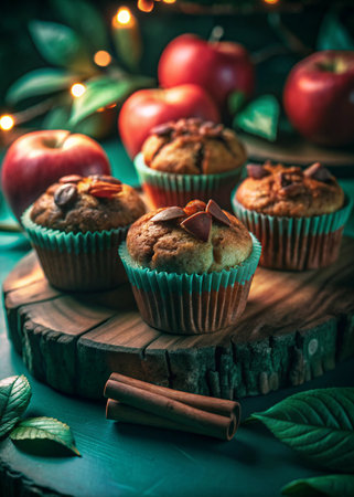 Homemade muffins with apples, cinnamon and nuts on a green backgroundの写真素材