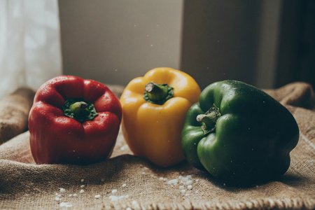 Red, yellow and green bell peppers on sackcloth. Selective focus.