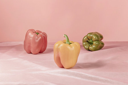 Three sweet peppers on a pink background. Minimal still life.の写真素材